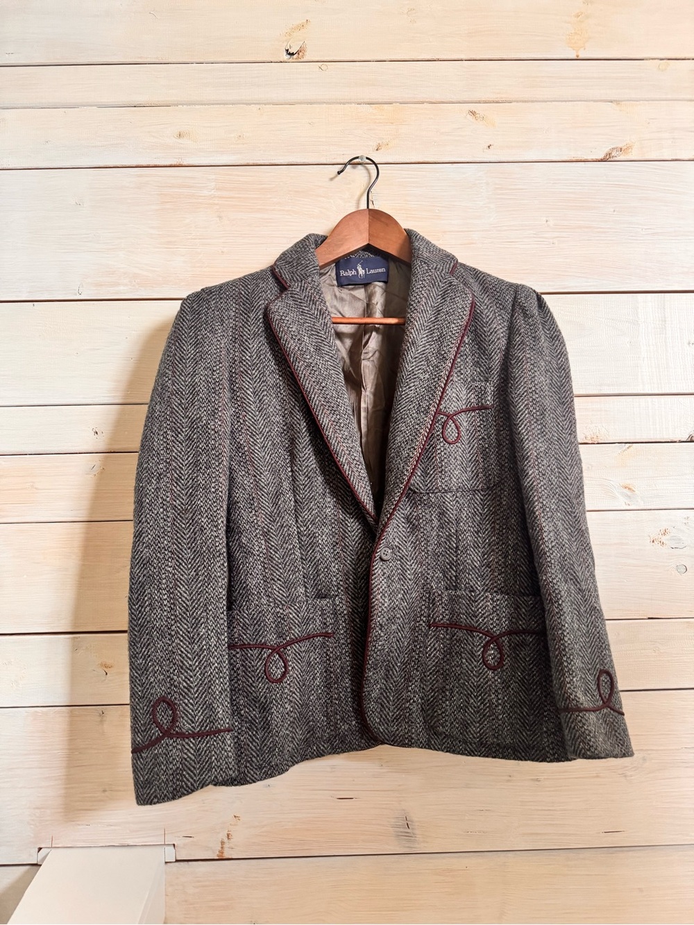 Ralph Lauren Equestrian Grey Herringbone Blazer with Burgundy Trim
